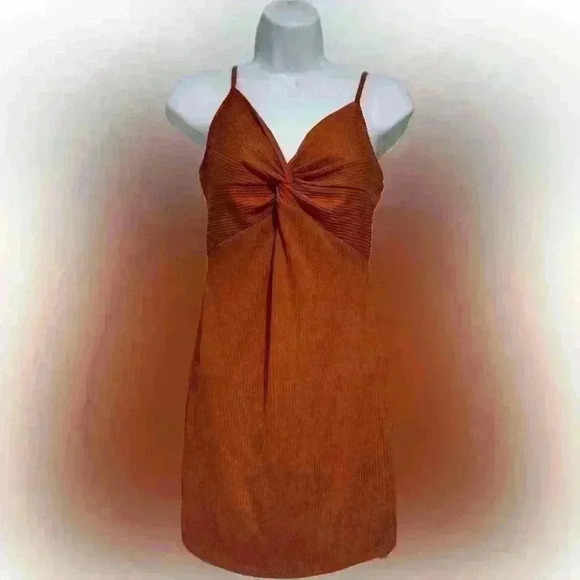 Revamped twist knot front ribbed rust burnt orange bodycon dress straps Sz Med - Picture 1 of 3